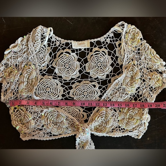 Kroshetta by Papillon crocheted sweater with sequin flowers, OS - Picture 10 of 12